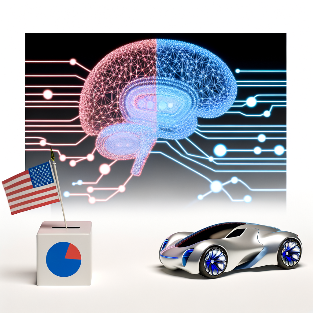 Futuristic AI brain linking politics and automobiles.