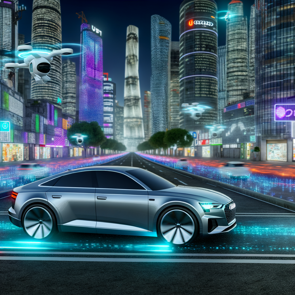 Futuristic Audi gliding through smart city.