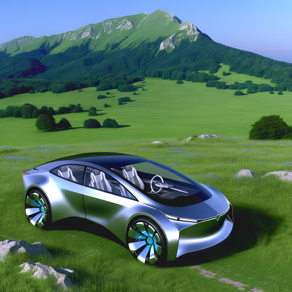 Futuristic Audi vehicle on lush, green landscape.