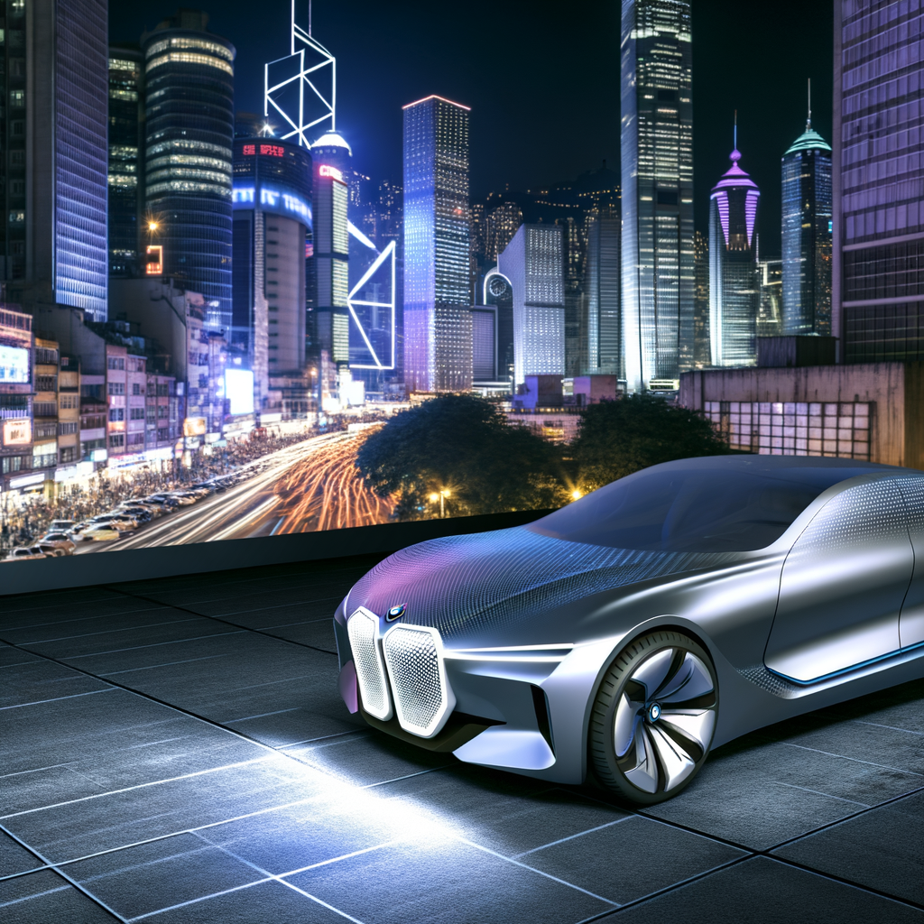 Futuristic BMW car in urban landscape.