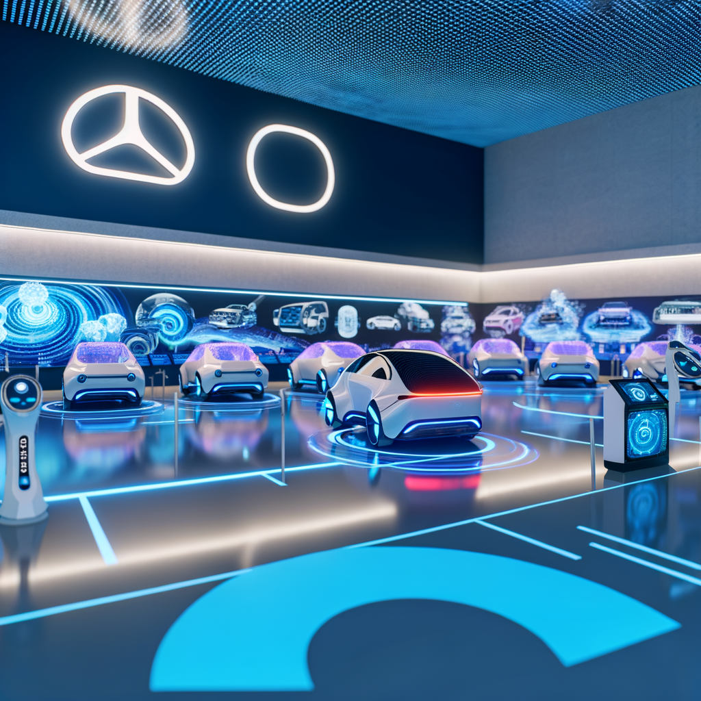 Futuristic BMW showroom showcasing AI technology.