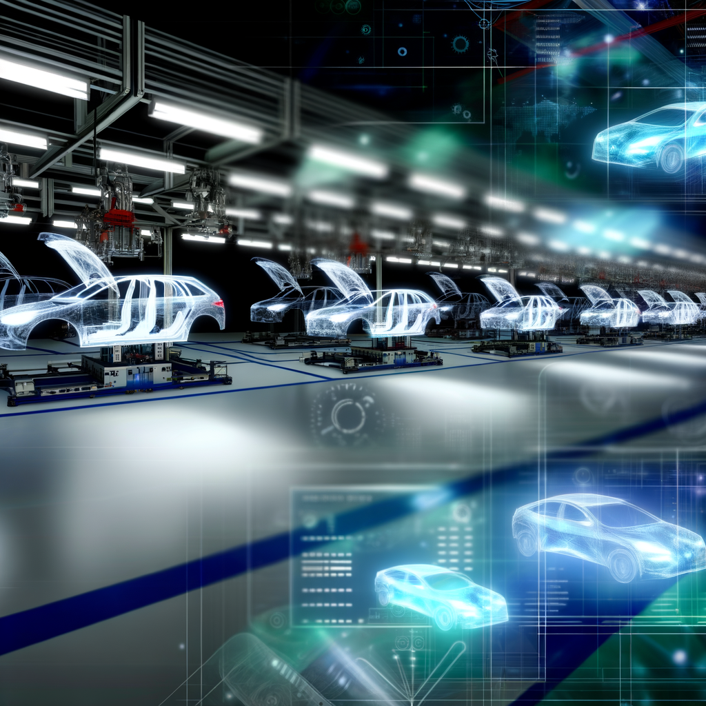 Futuristic car assembly with digital innovation overlay.
