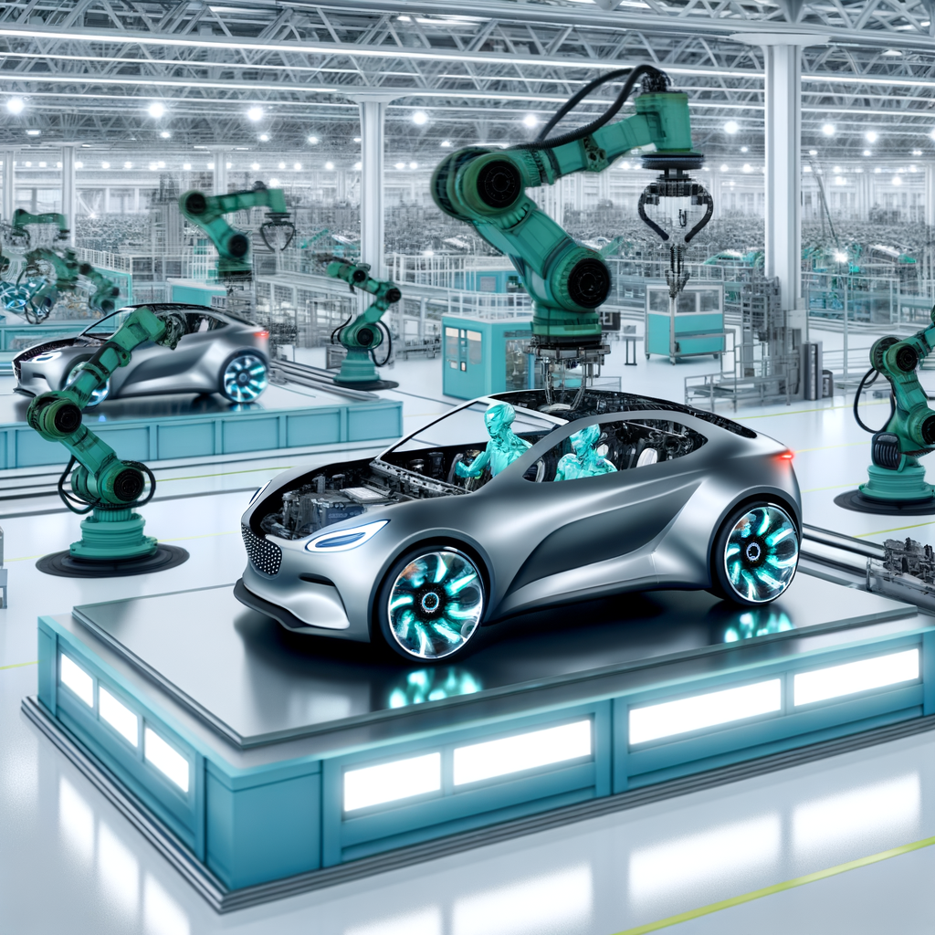 Futuristic cars assembling in high-tech factory.