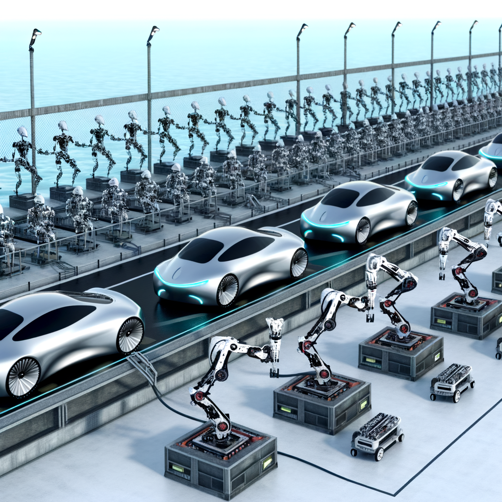 Futuristic cars charging, AI robots assembling.