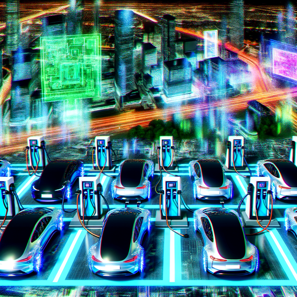 Futuristic cars charging, autonomous tech display.