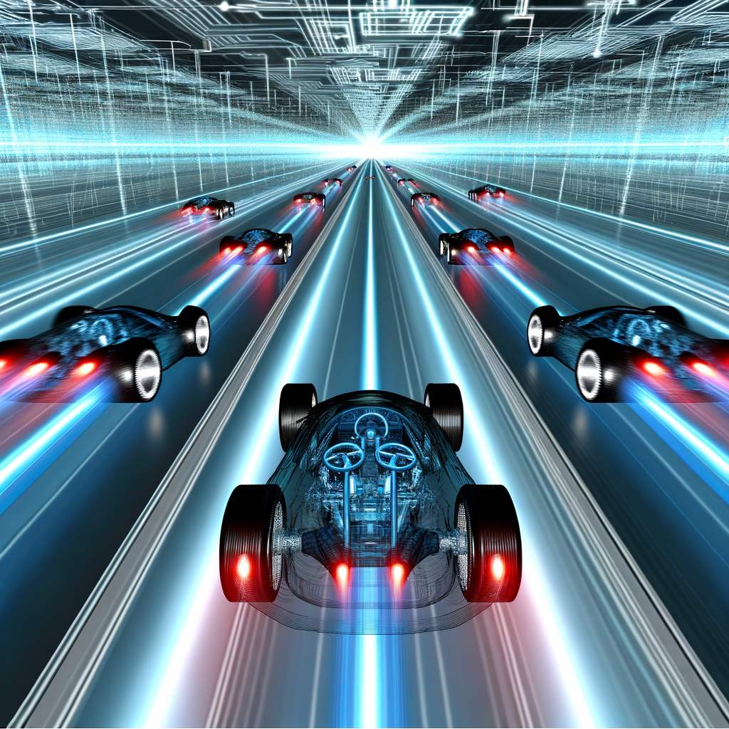 Futuristic cars driving on a digital highway.