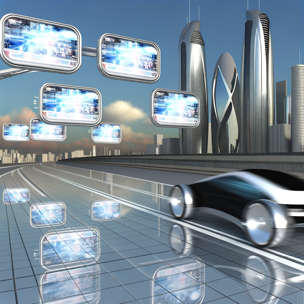 Futuristic cars, screens with news updates.