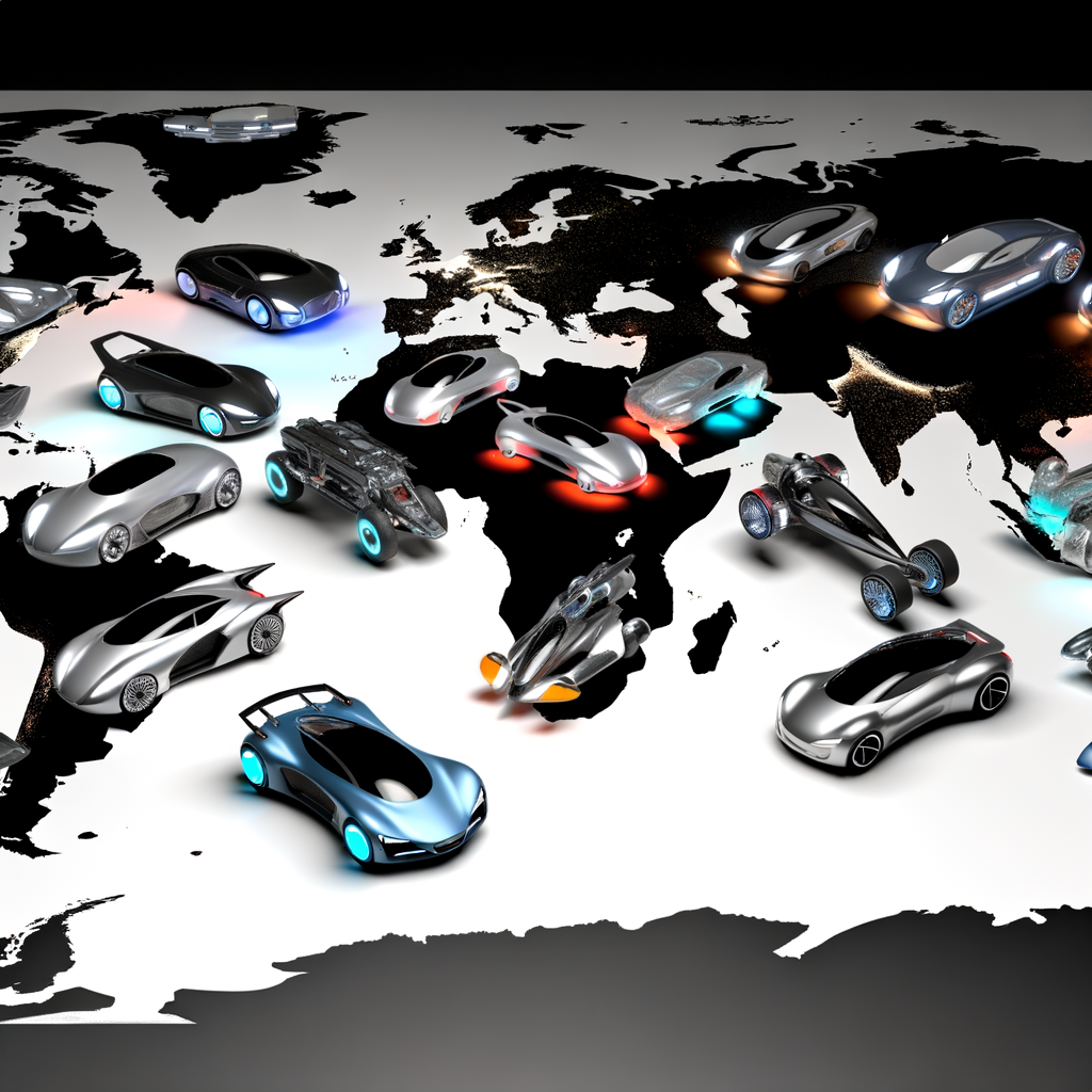 Futuristic cars showcasing innovation on global map.