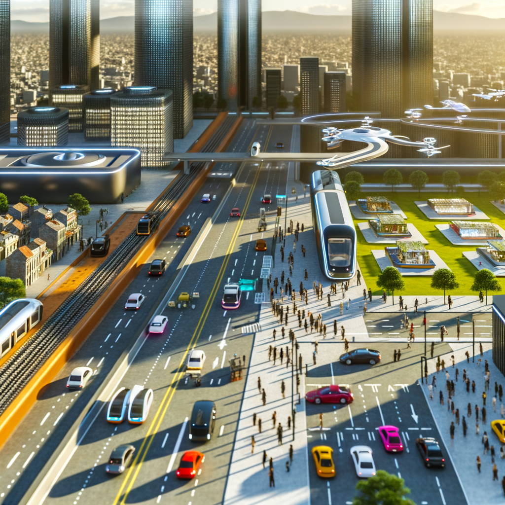 Futuristic cityscape with diverse mobility solutions.