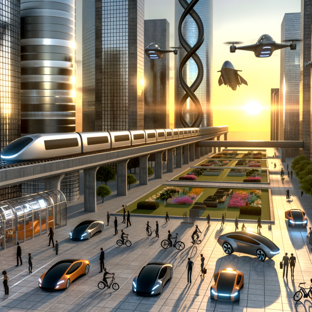 Futuristic cityscape with diverse mobility solutions.