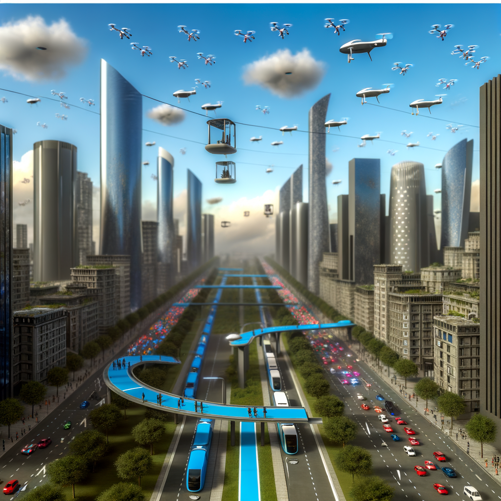 Futuristic cityscape with diverse mobility solutions.