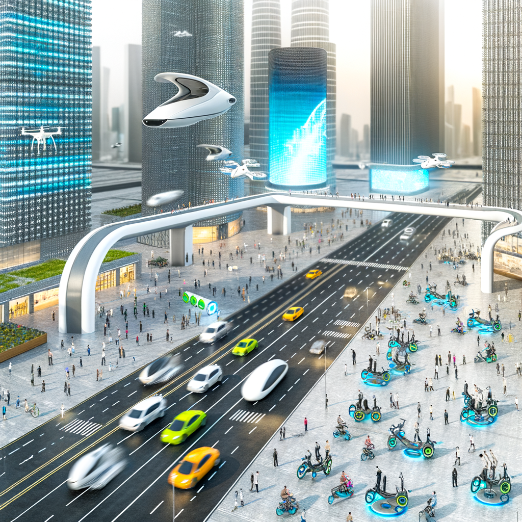 Futuristic cityscape with diverse mobility solutions.