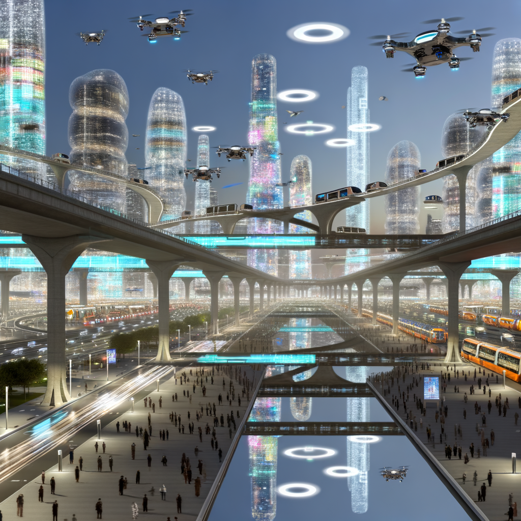 Futuristic cityscape with diverse mobility options.