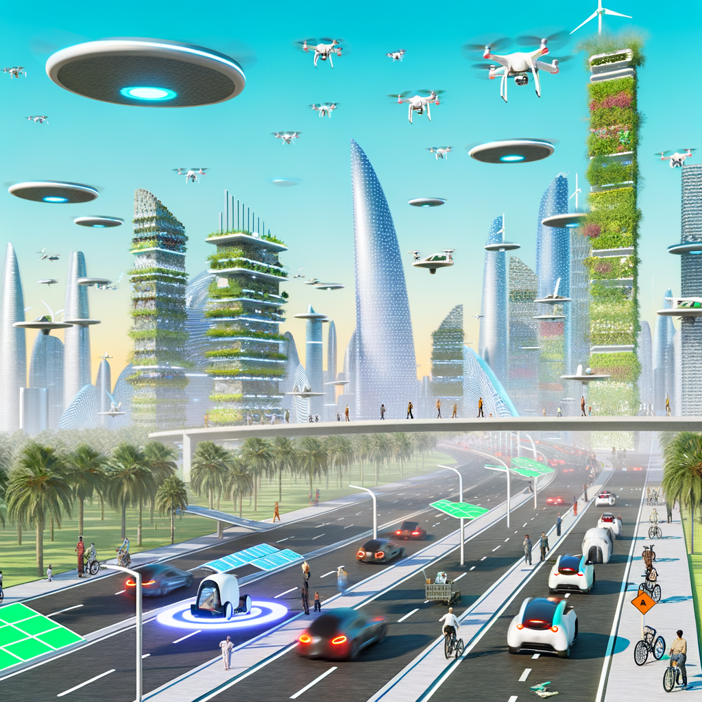 Futuristic cityscape with diverse mobility solutions.