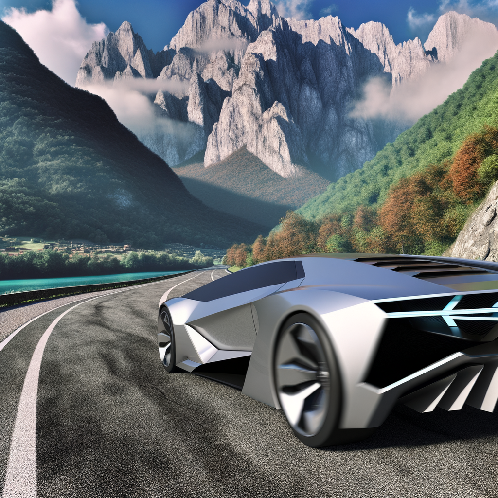 Futuristic Lamborghini supercar on scenic road.