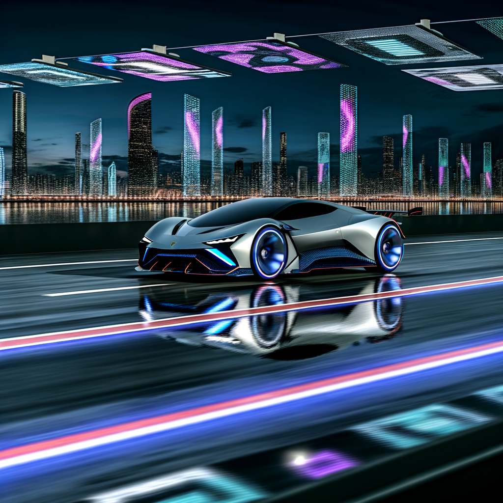 Lamborghini hybrid supercar on futuristic track.