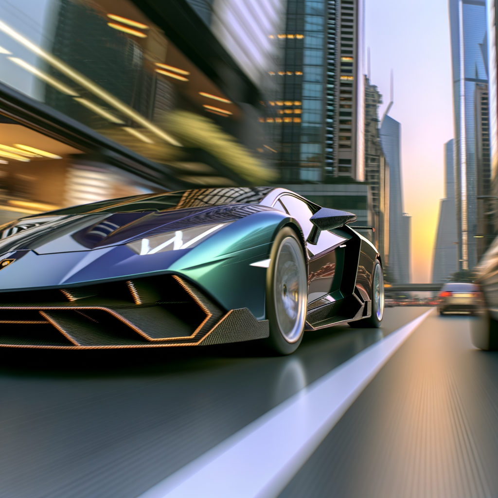 Lamborghini hybrid supercar speeding through city.