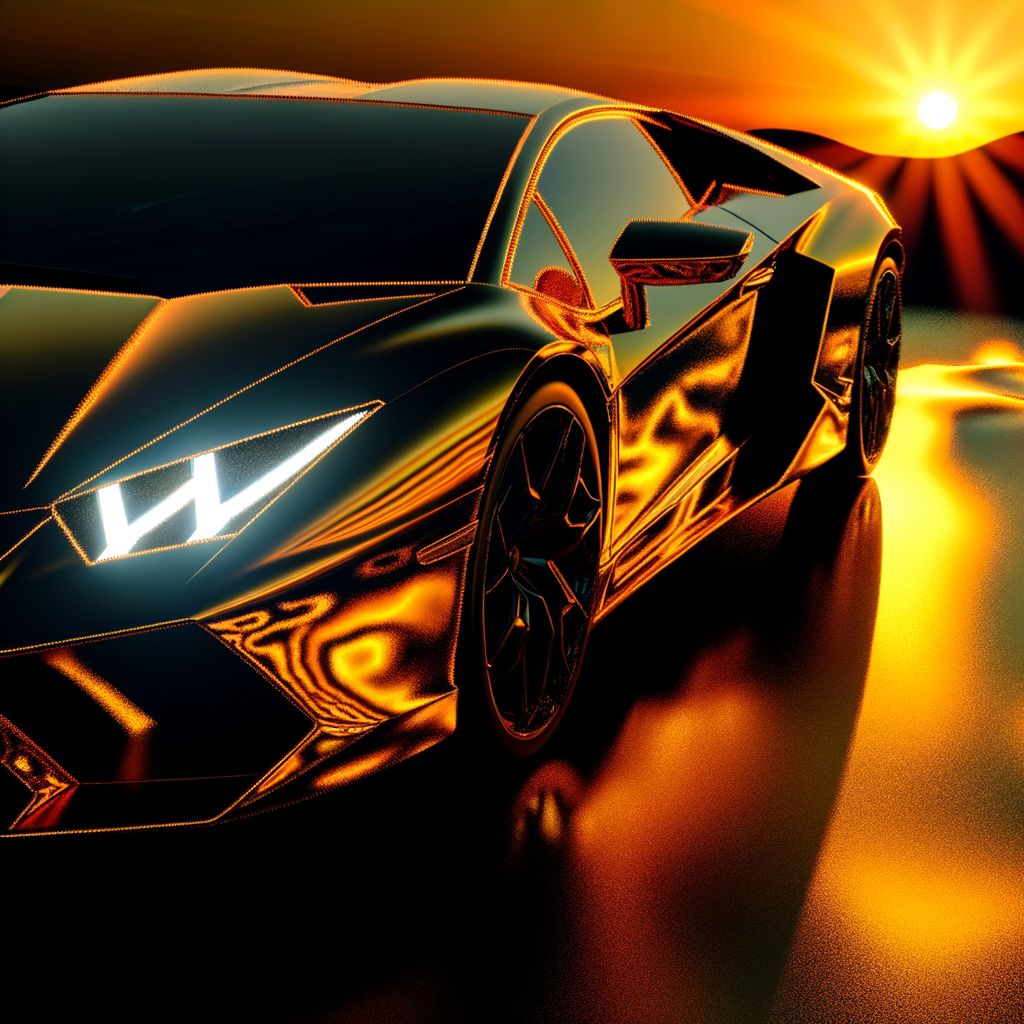 Lamborghini supercar glistening under sunset glow.