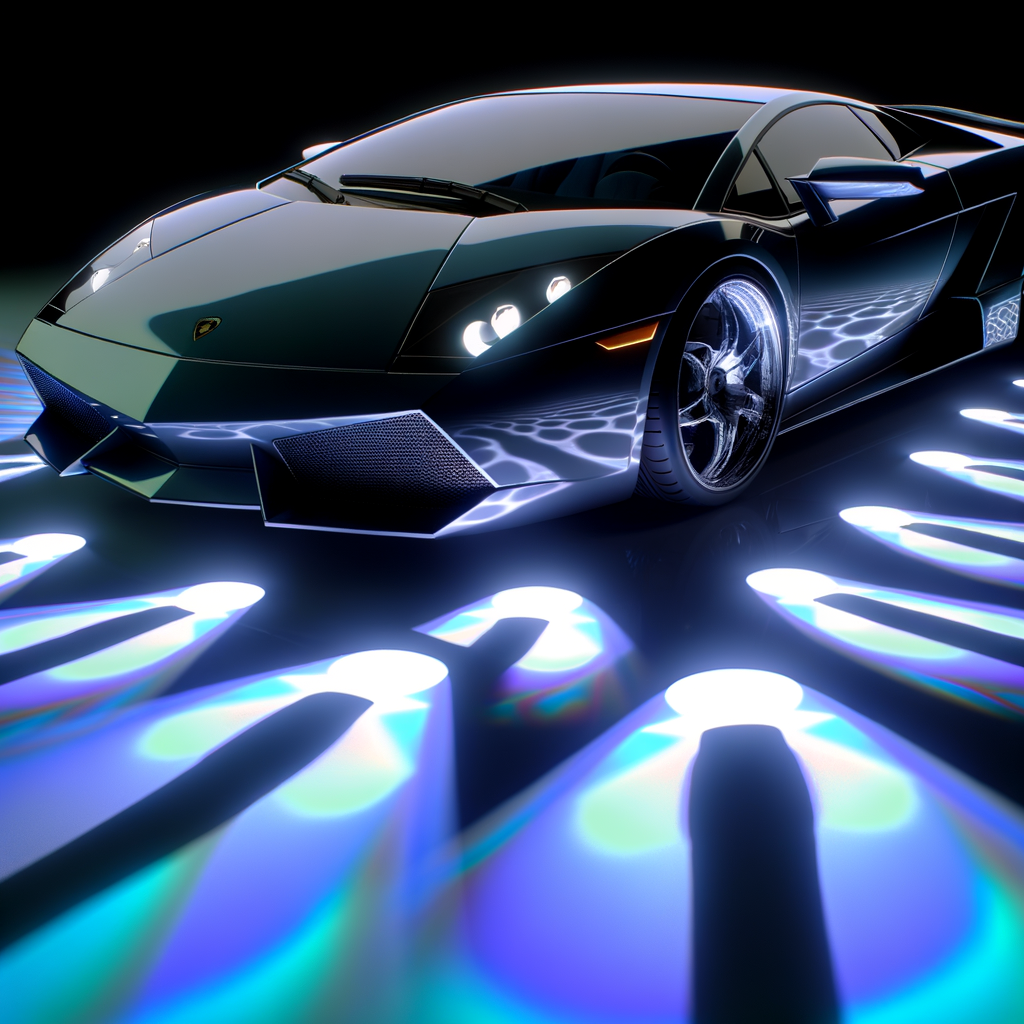Lamborghini supercar glistens under futuristic lighting.