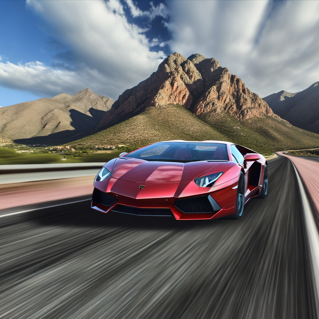 Lamborghini supercar speeding on scenic highway.