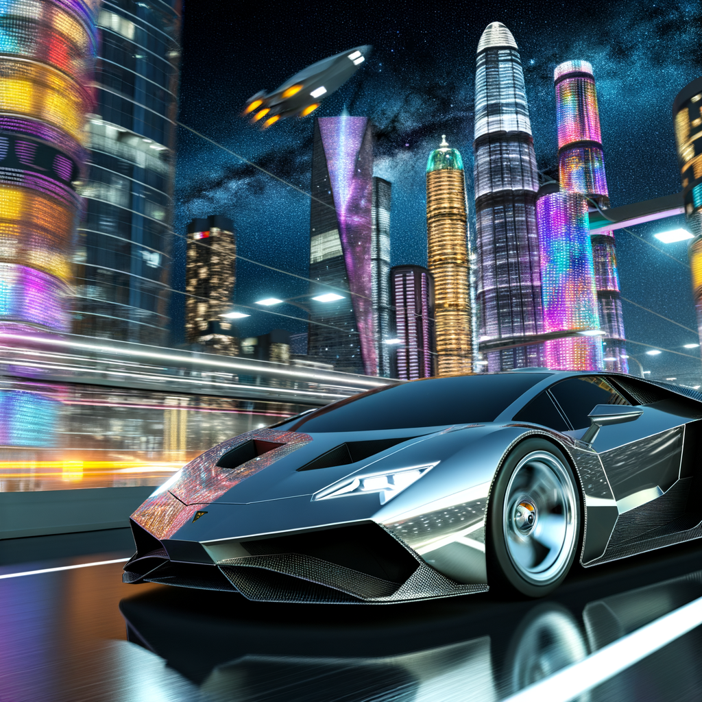 Lamborghini supercar speeding through futuristic cityscape.