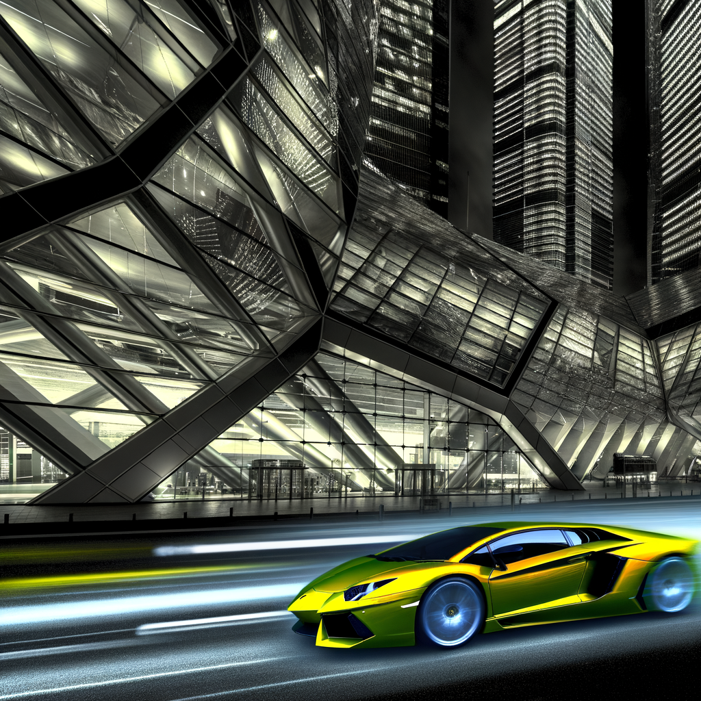 Lamborghini supercar speeding through futuristic cityscape.