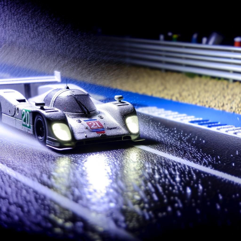 Le Mans race car speeding through rain.