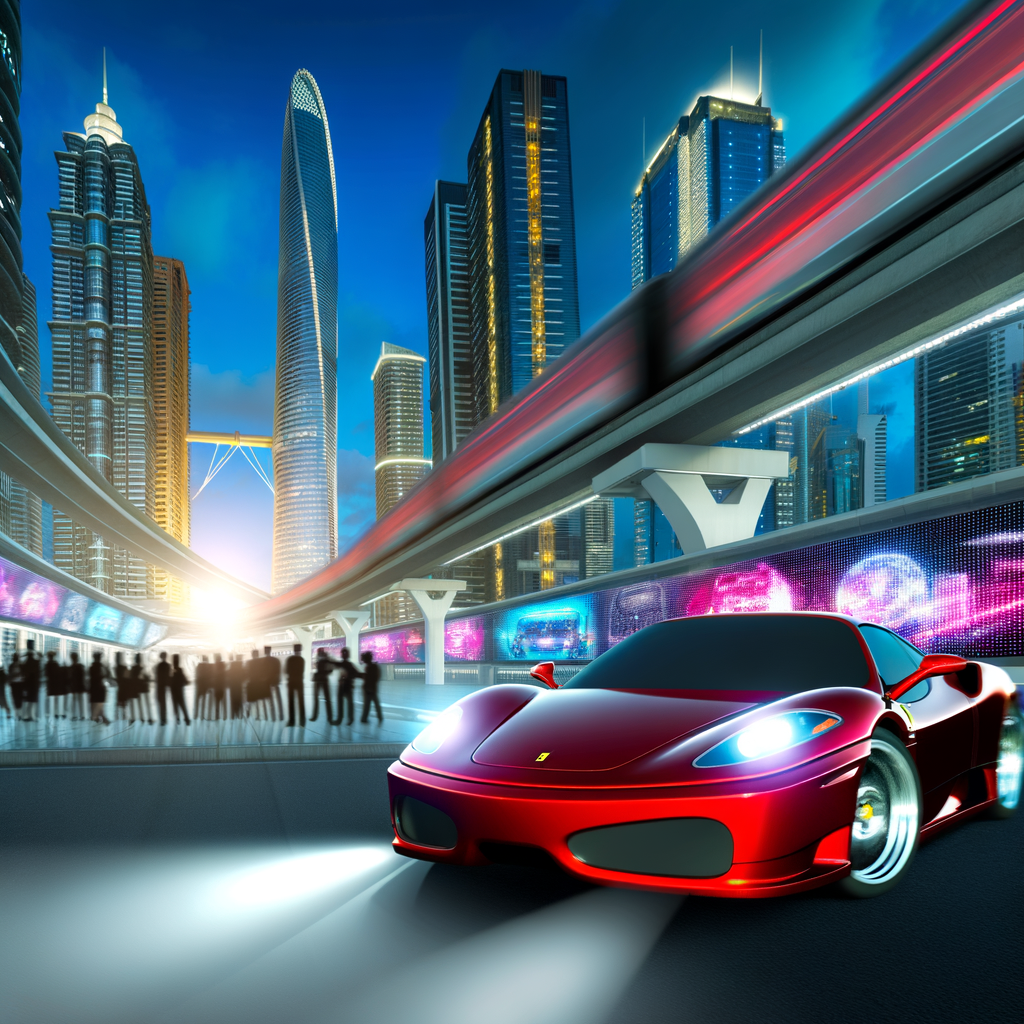 Sleek Ferrari speeding through futuristic cityscape.
