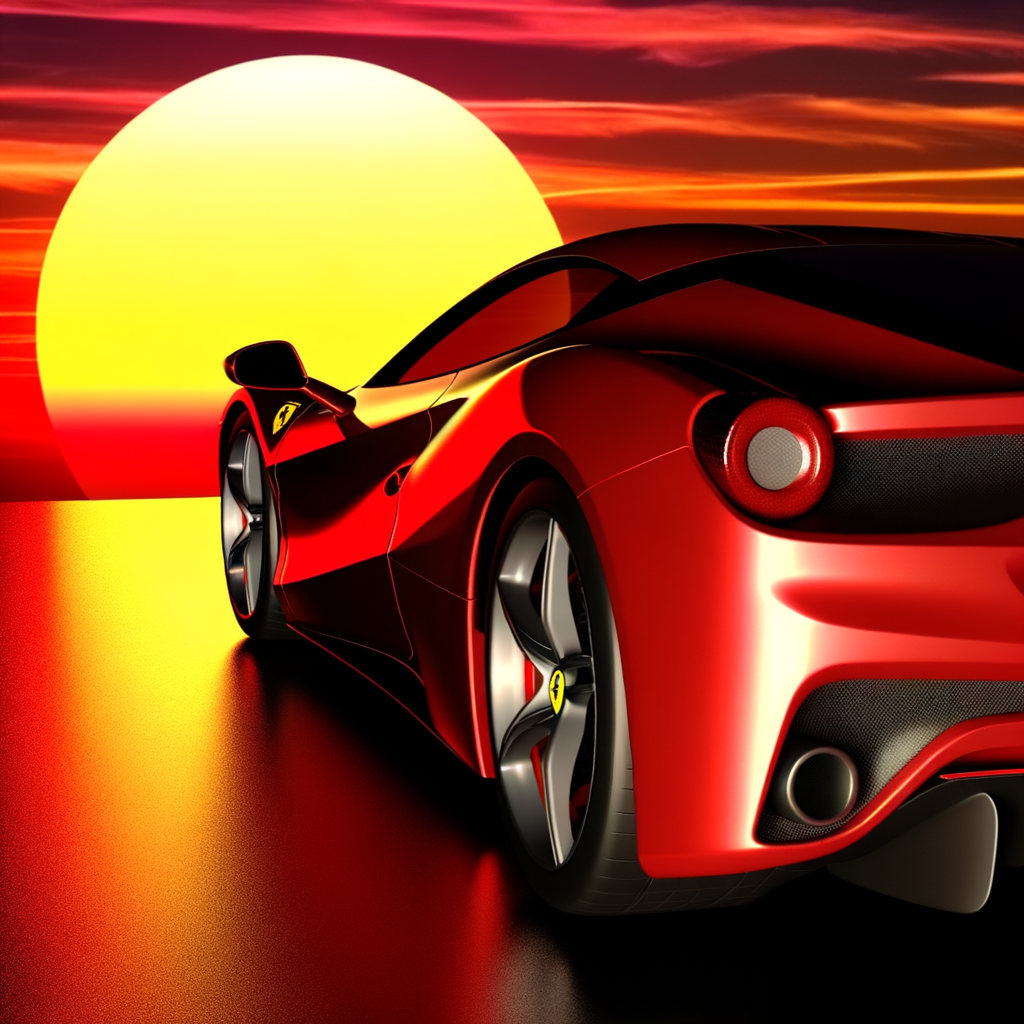Sleek Ferrari supercar glistens under sunset.