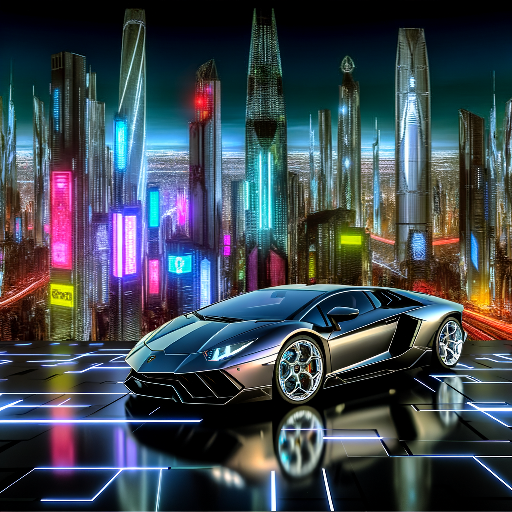 Sleek Lamborghini amidst futuristic cityscape backdrop.
