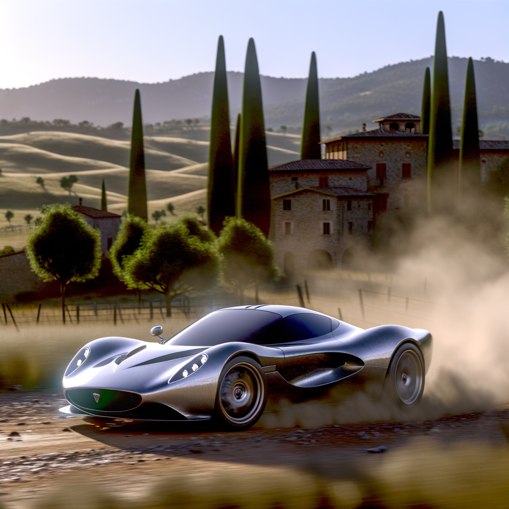 Sleek Lamborghini racing through scenic Italian landscape.