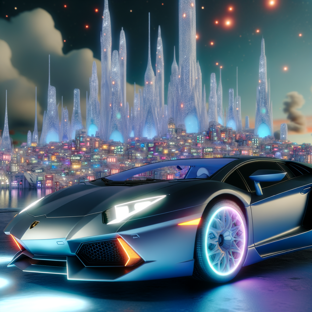 Sleek Lamborghini supercar amidst futuristic skyline.