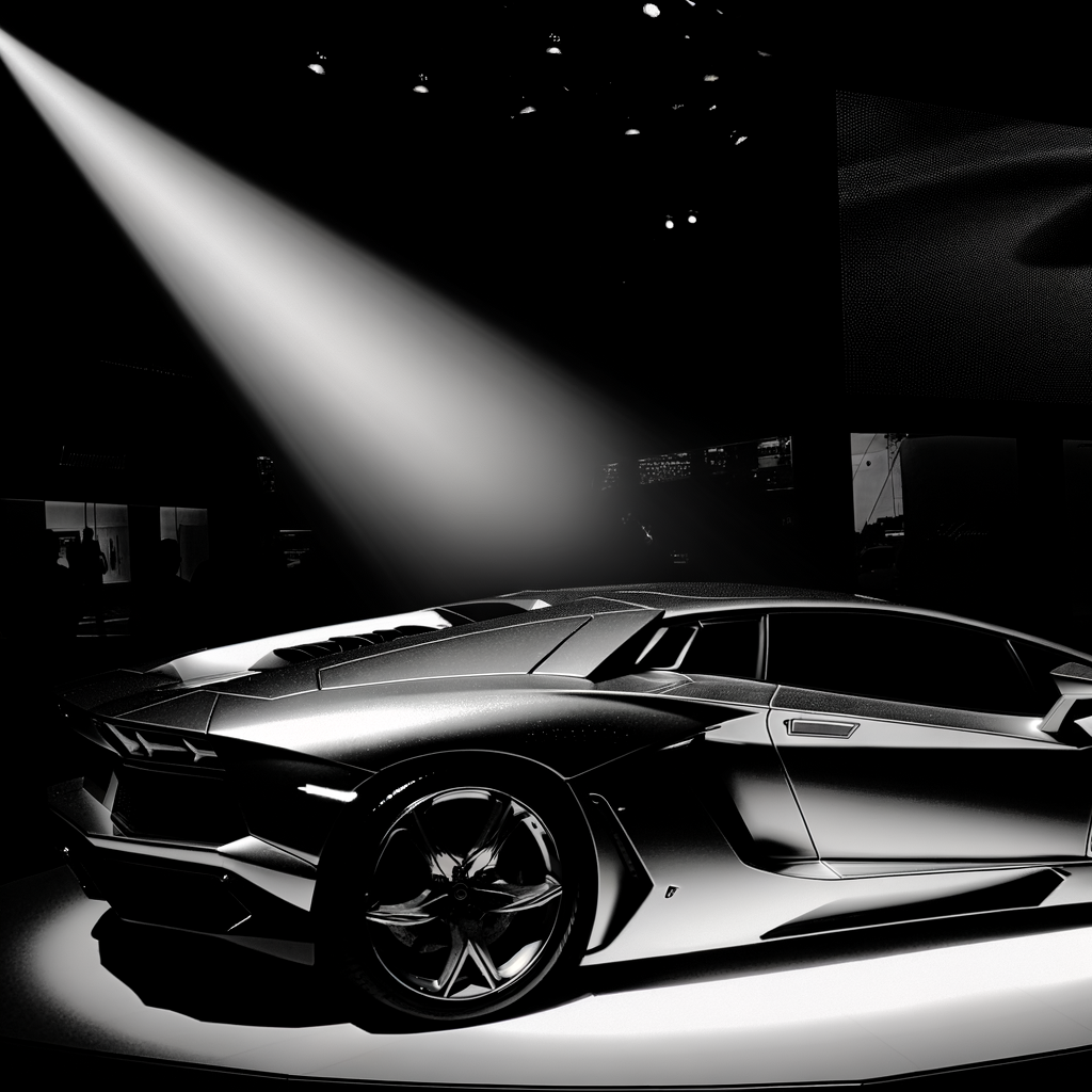 Sleek Lamborghini supercar gleaming under spotlight.