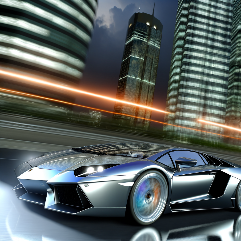 Sleek Lamborghini supercar gliding through city.