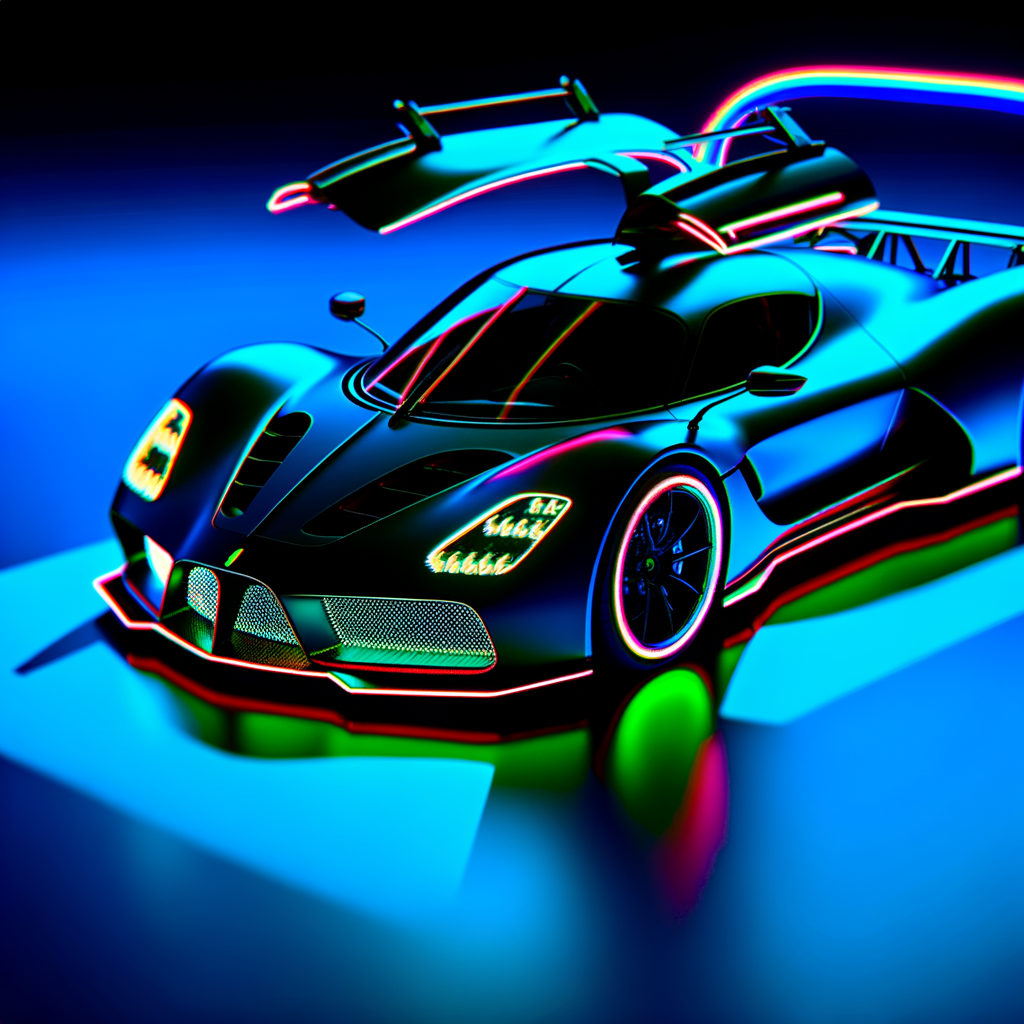 Sleek Lamborghini supercar illuminated under neon lights.