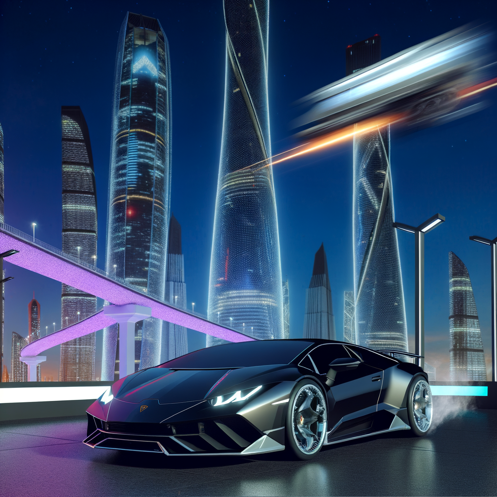 Sleek Lamborghini supercar in futuristic setting.