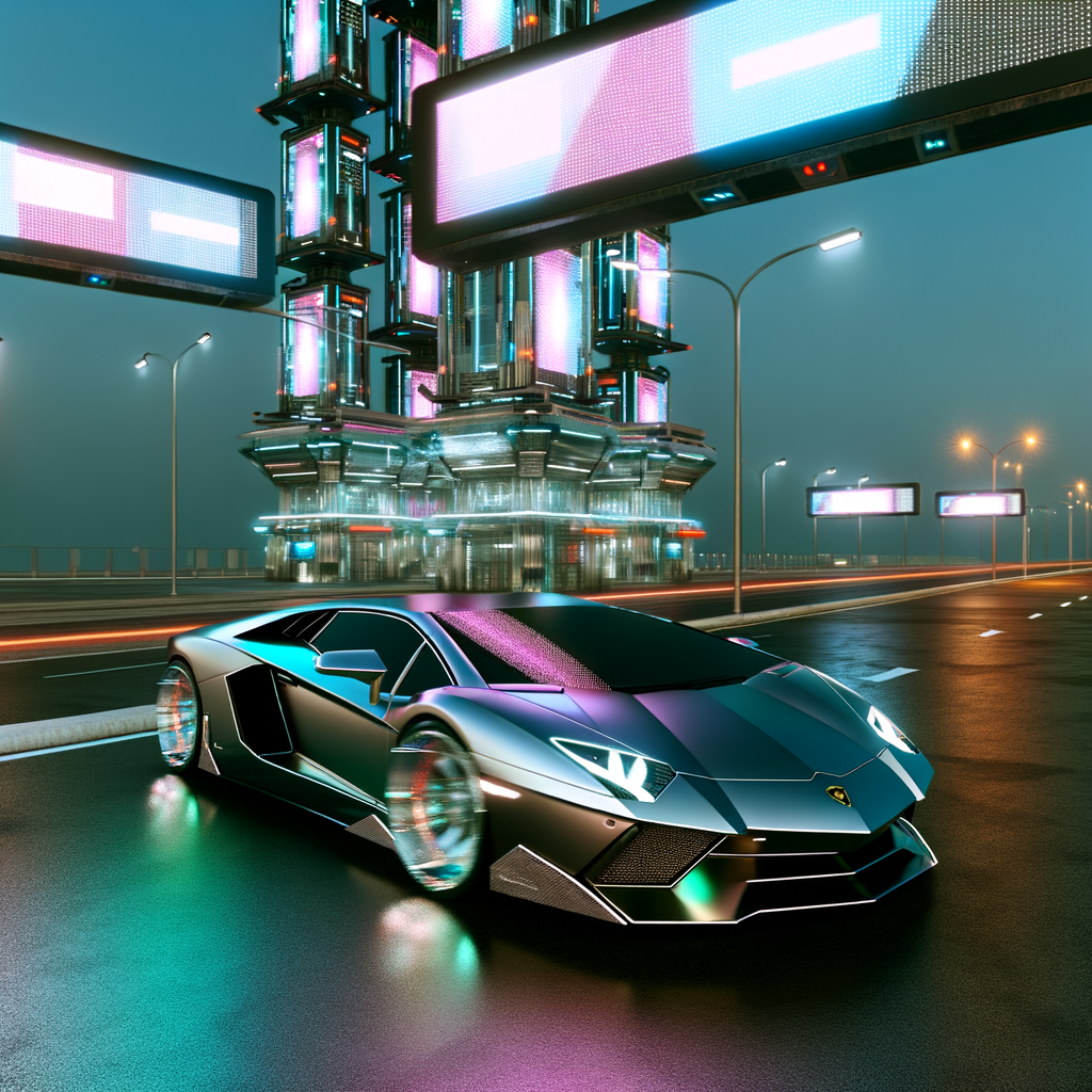 Sleek Lamborghini supercar on futuristic highway.