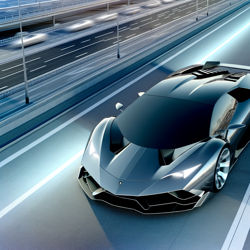 Sleek Lamborghini supercar on futuristic highway.