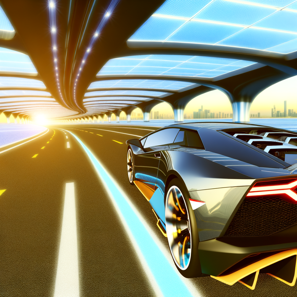 Sleek Lamborghini supercar on futuristic road.