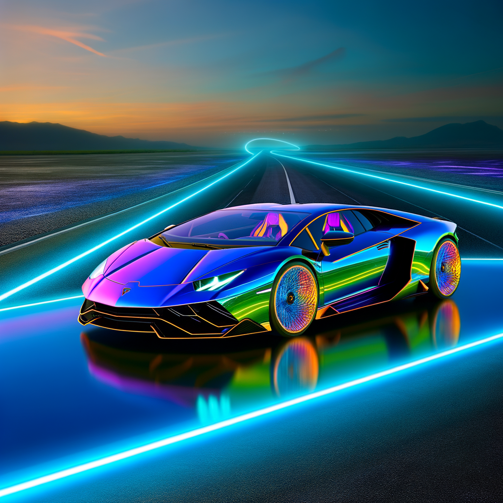 Sleek Lamborghini supercar on futuristic road.