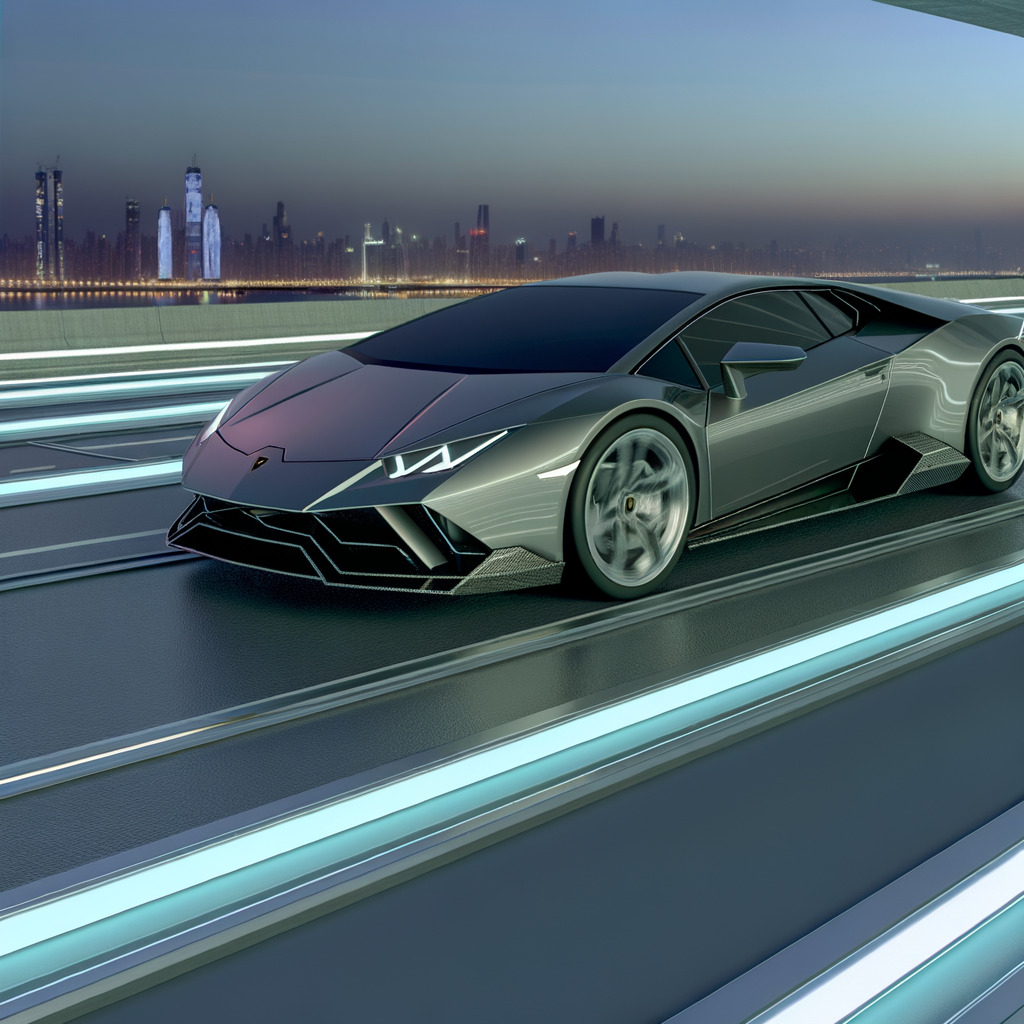 Sleek Lamborghini supercar on futuristic road.