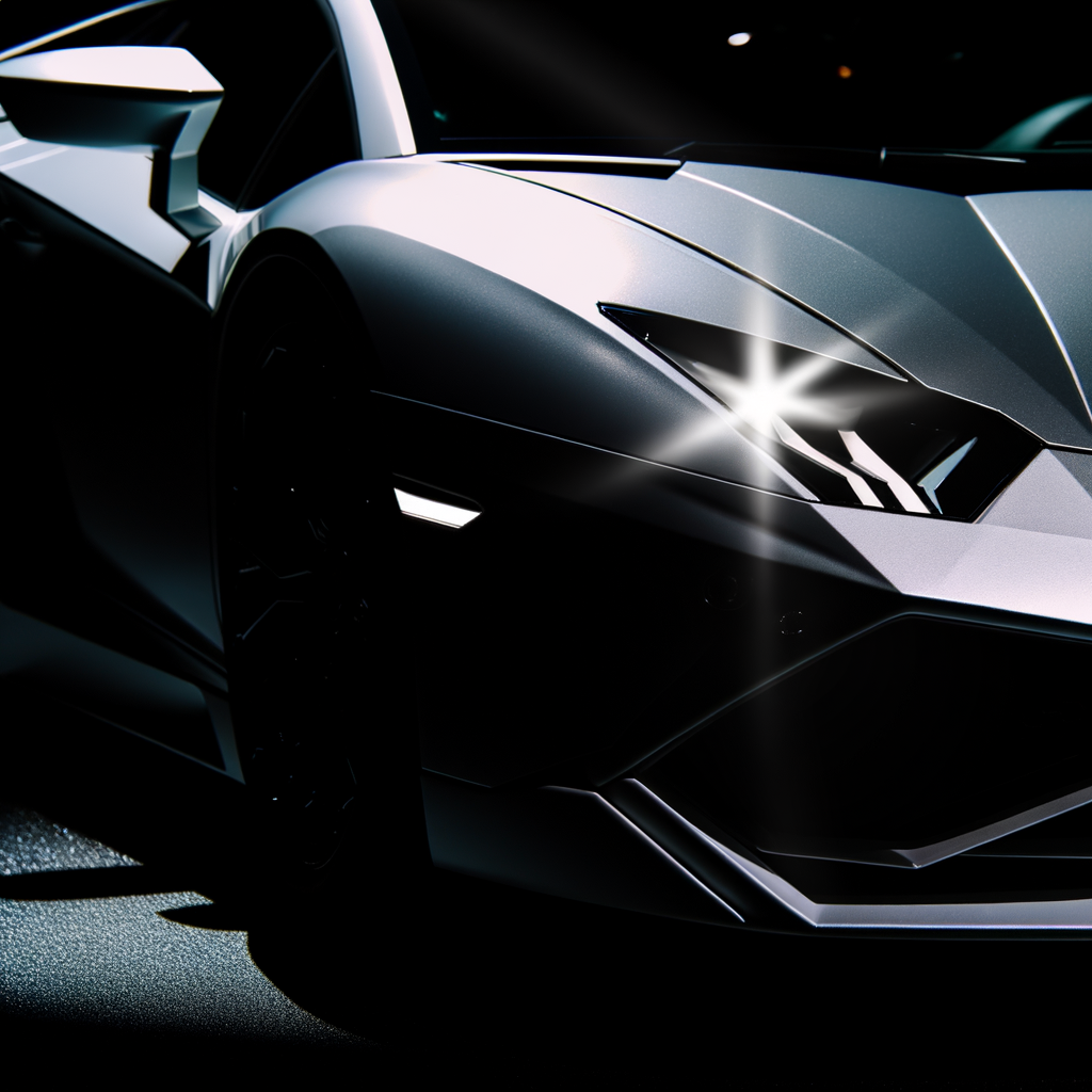 Sleek Lamborghini supercar under dramatic lighting.