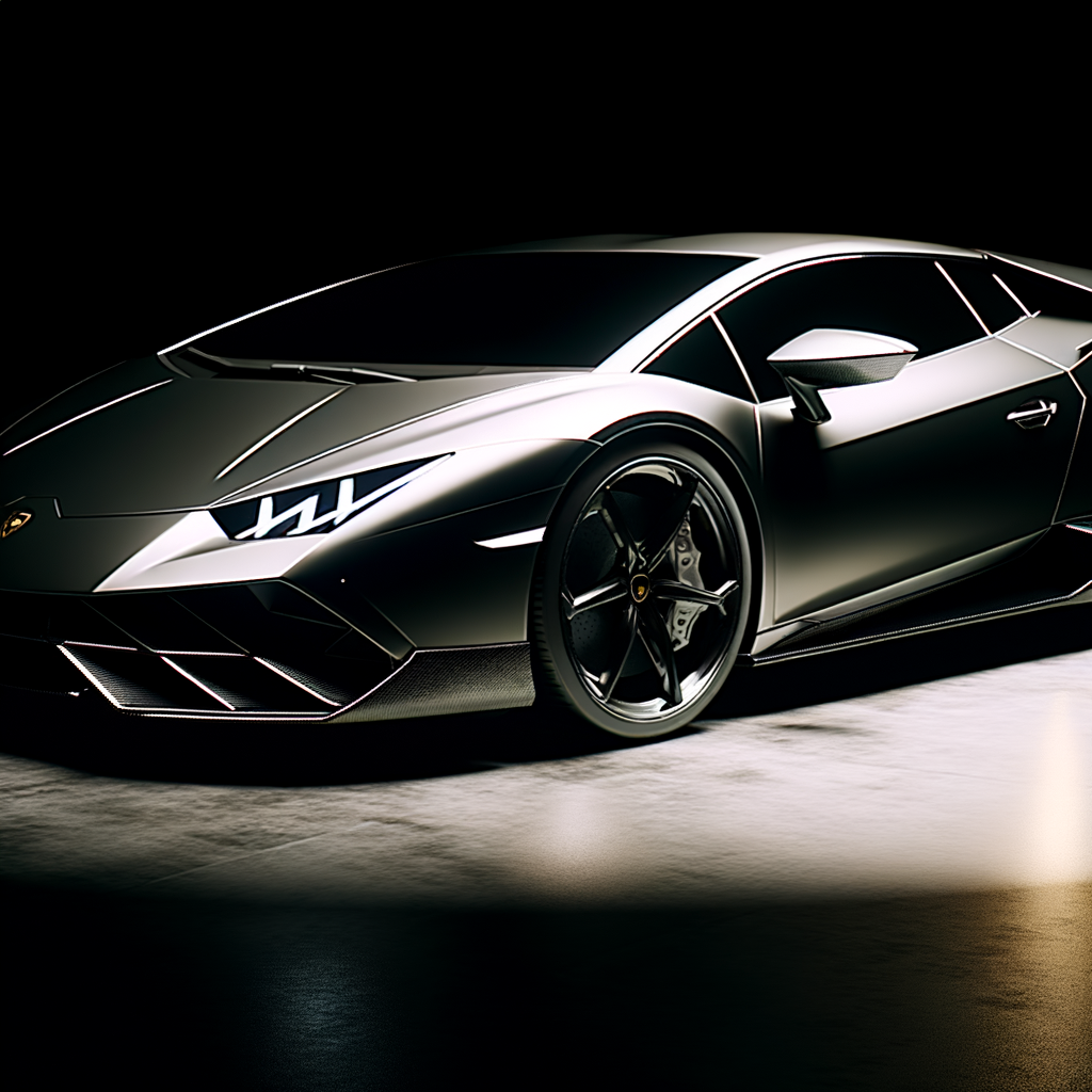 Sleek Lamborghini supercar under dramatic lighting.