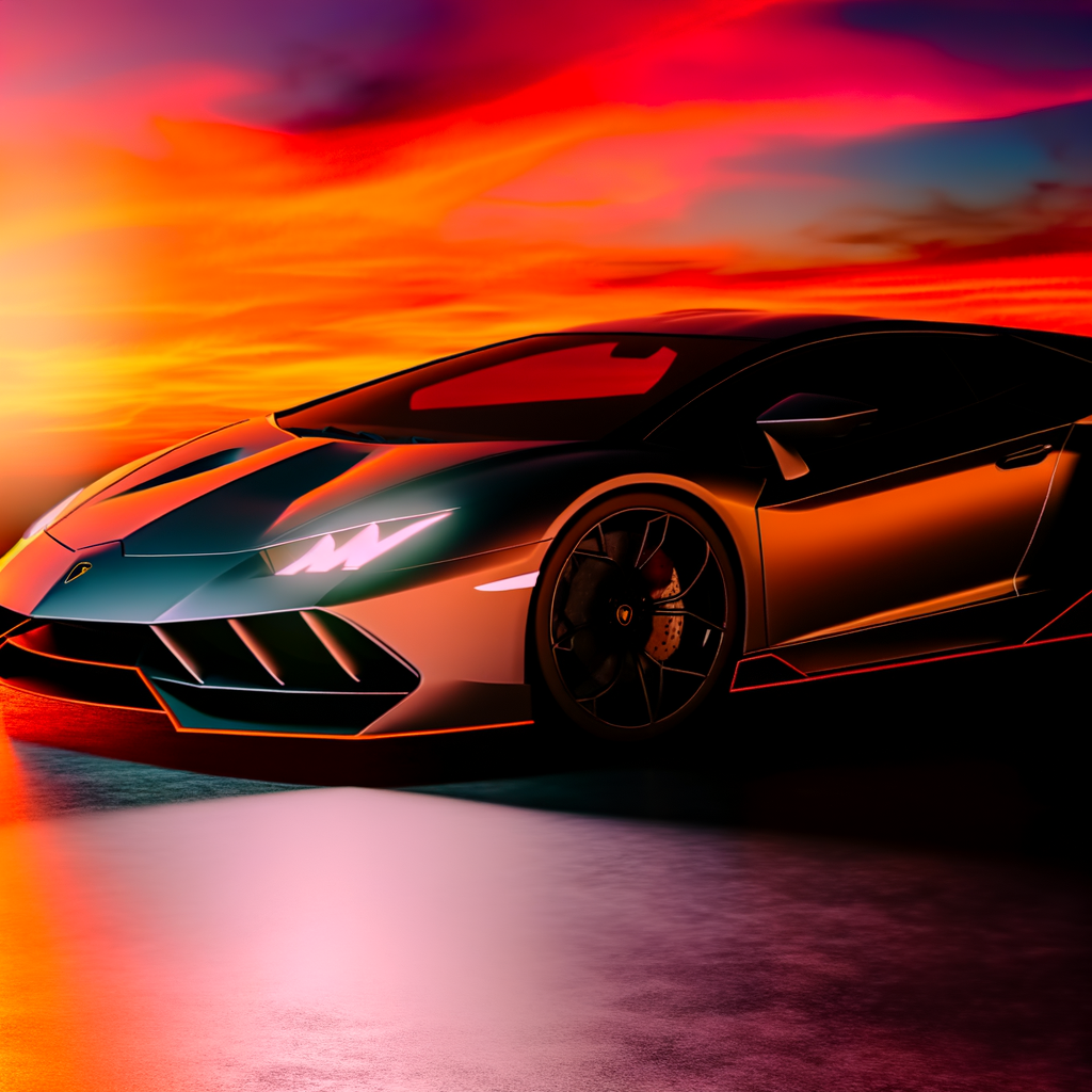 Sleek Lamborghini supercar under sunset glow.