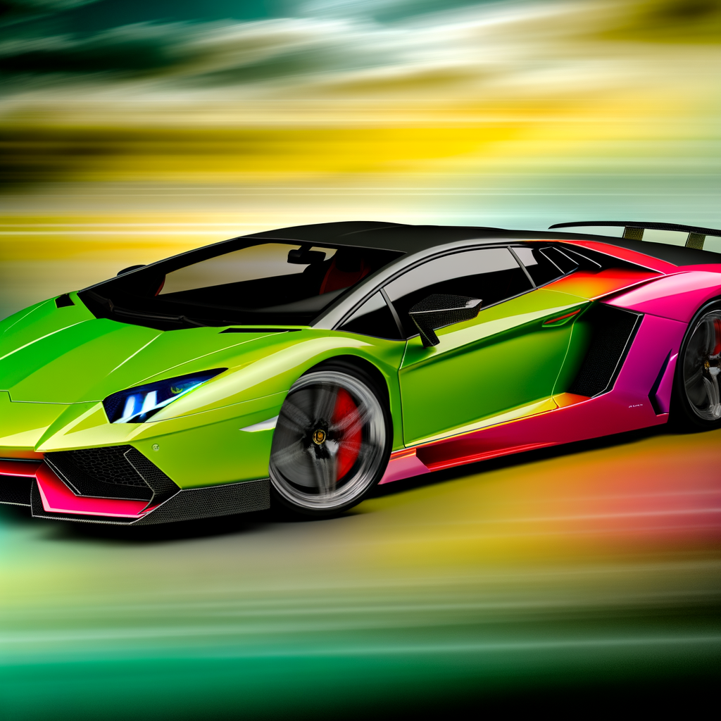 Sleek Lamborghini supercar with dynamic backdrop.