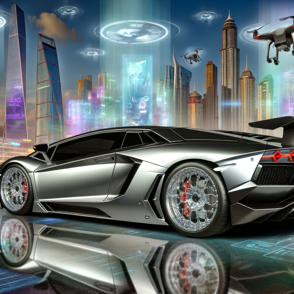 Sleek Lamborghini supercar with futuristic backdrop.
