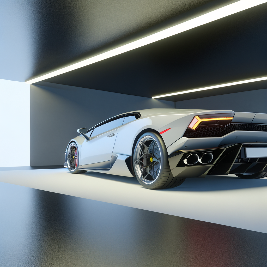 Sleek Lamborghini supercar with futuristic backdrop.