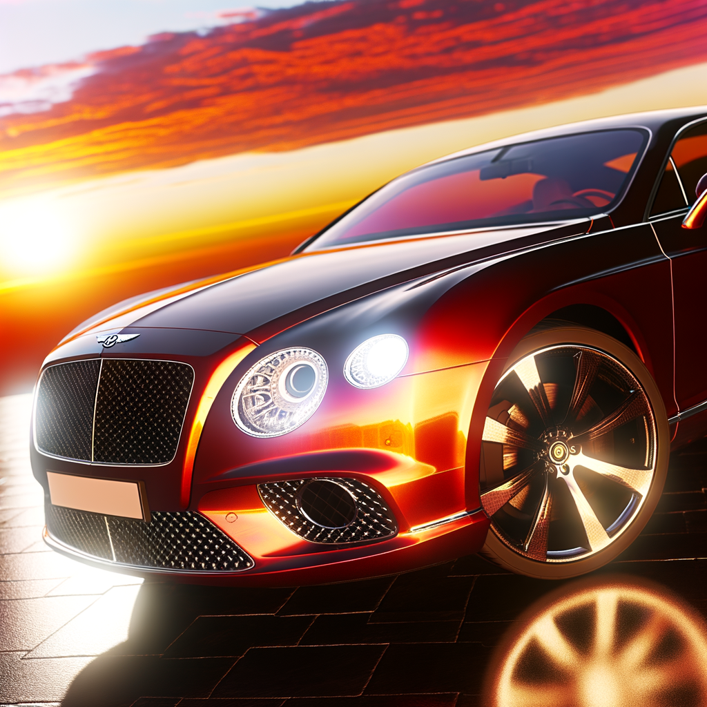 Bentley Continental GT gleaming in sunset.