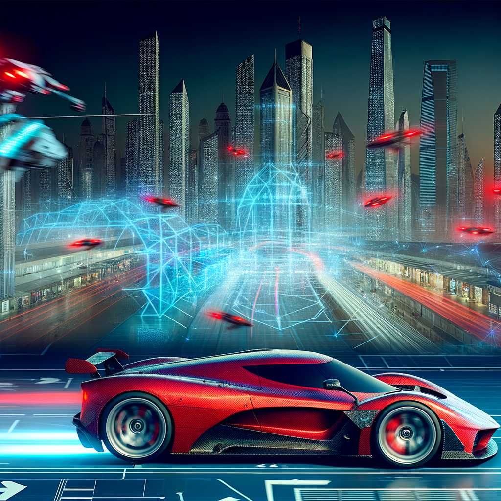 Ferrari supercar racing through futuristic cityscape.