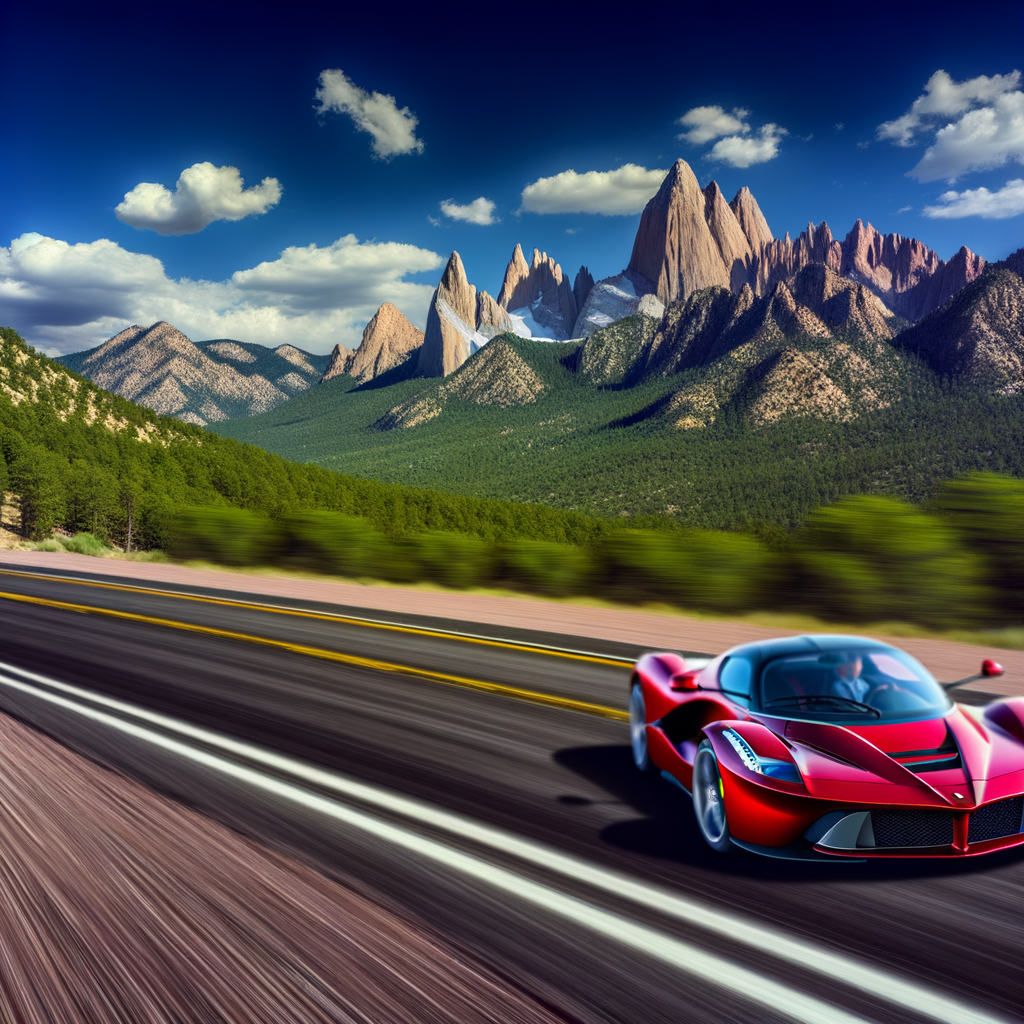 Ferrari supercar racing through scenic mountains.